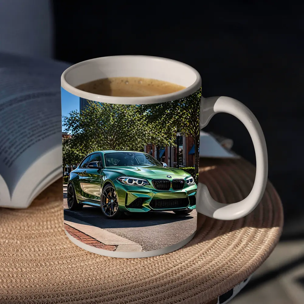 Green BMW M2 Parked Downtown City Street – Mugs