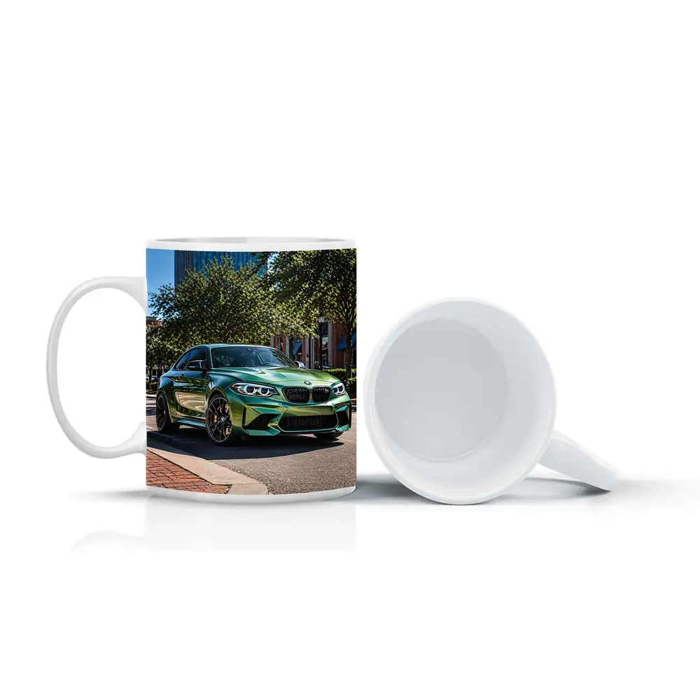 Green BMW M2 Parked Downtown City Street – Mugs
