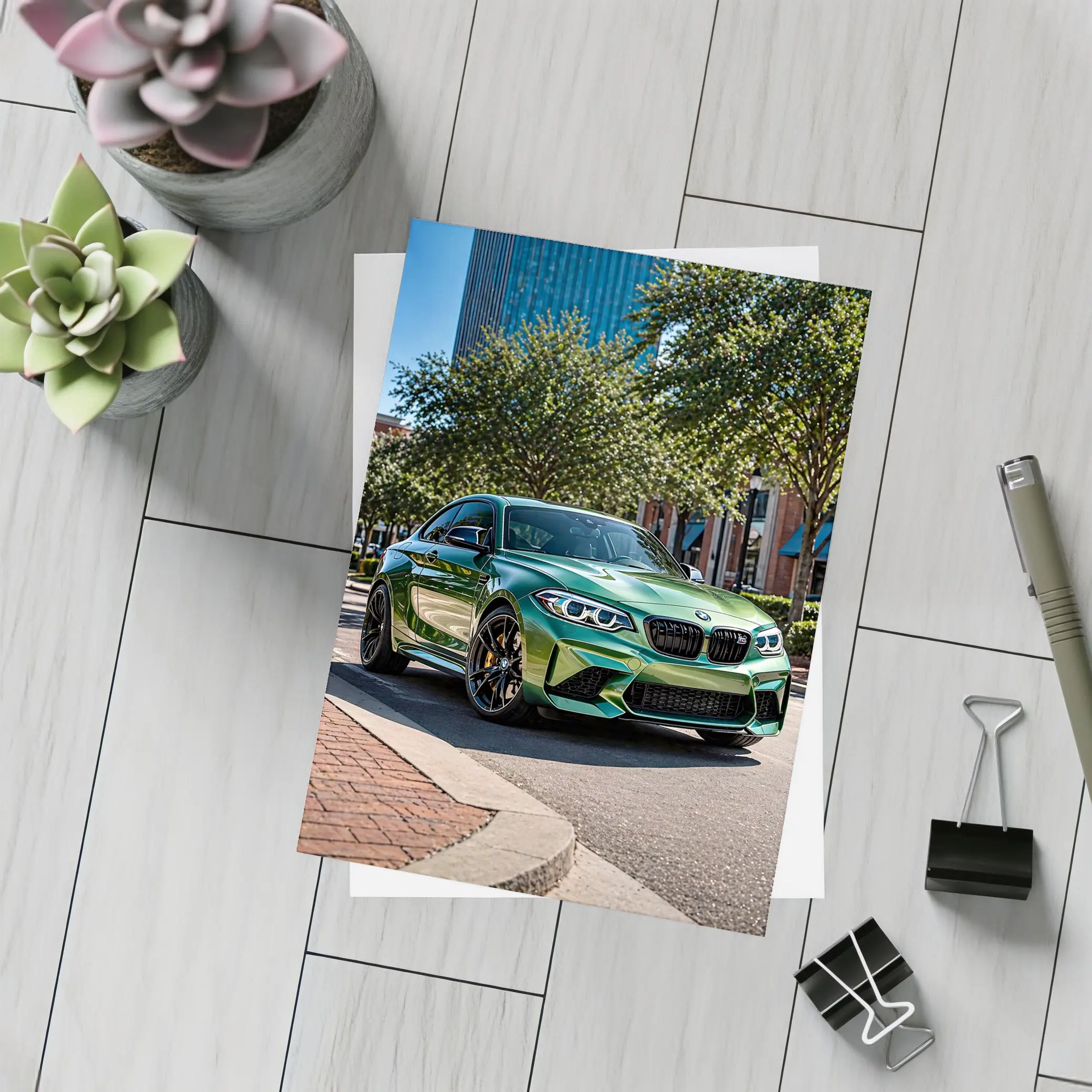 Green BMW M2 Parked Downtown City Street – Postcards
