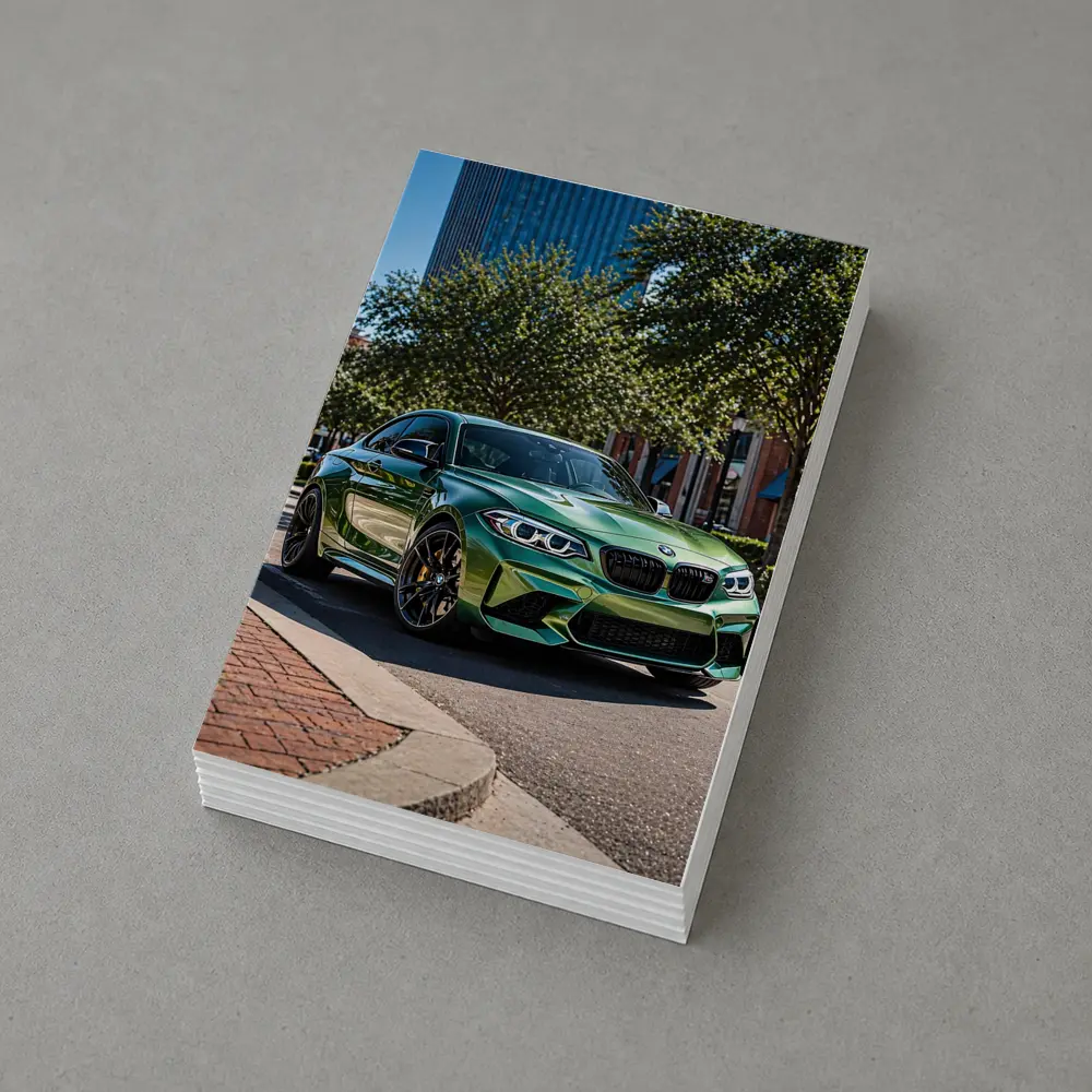Green BMW M2 Parked Downtown City Street – Postcards
