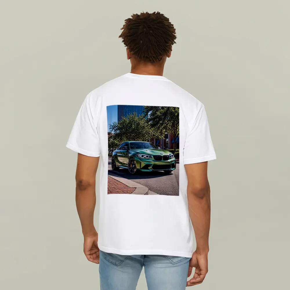Green BMW M2 Parked Downtown City Street – T-Shirts