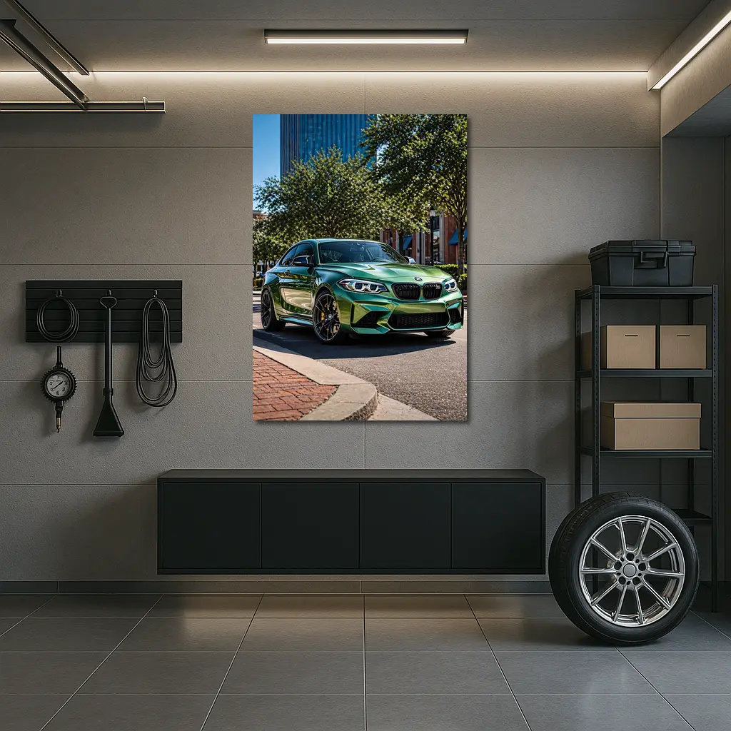 Green BMW M2 Parked Downtown City Street – Wall Art