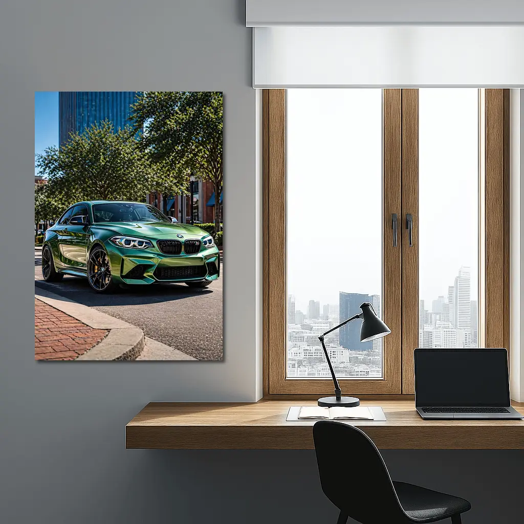 Green BMW M2 Parked Downtown City Street – Wall Art