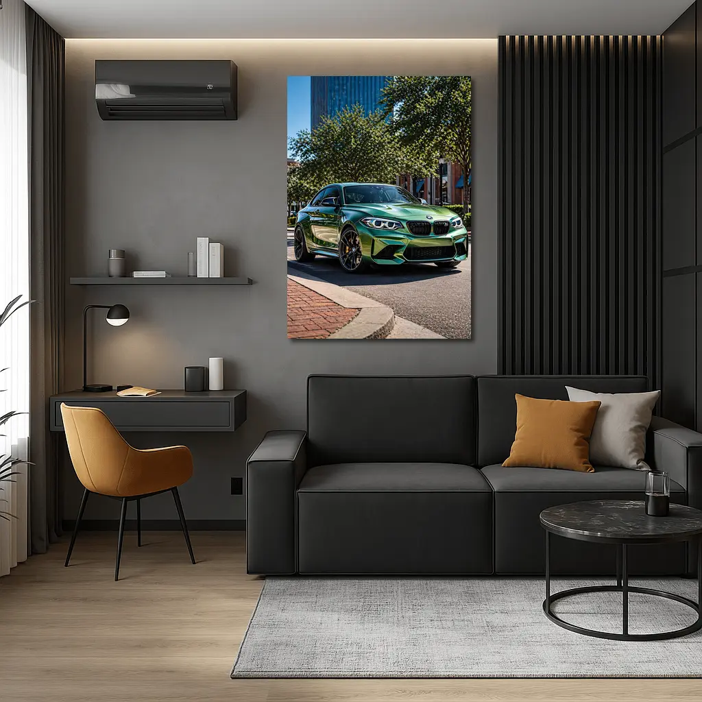 Green BMW M2 Parked Downtown City Street – Wall Art