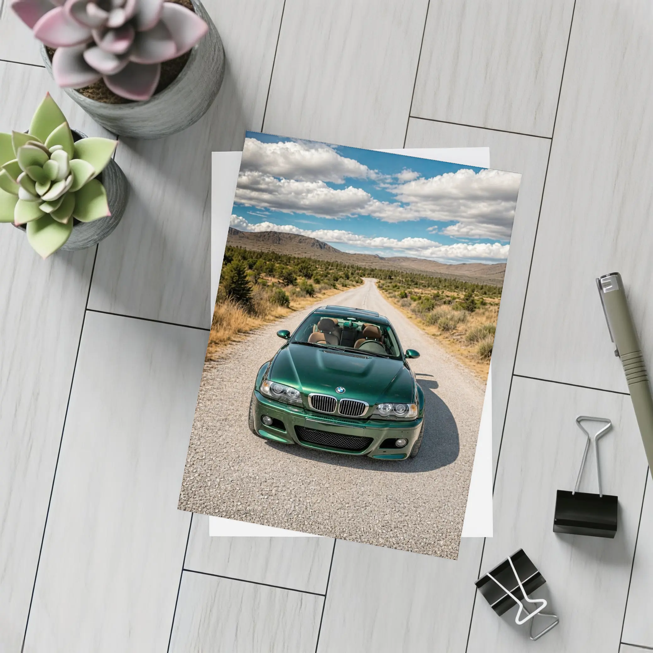 Green BMW M3 on Desert Road – Postcards