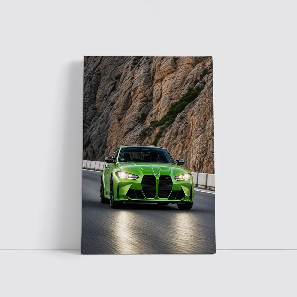 BMW M3 G80 Green Sedan on Rocky Mountain Road – Wall Art