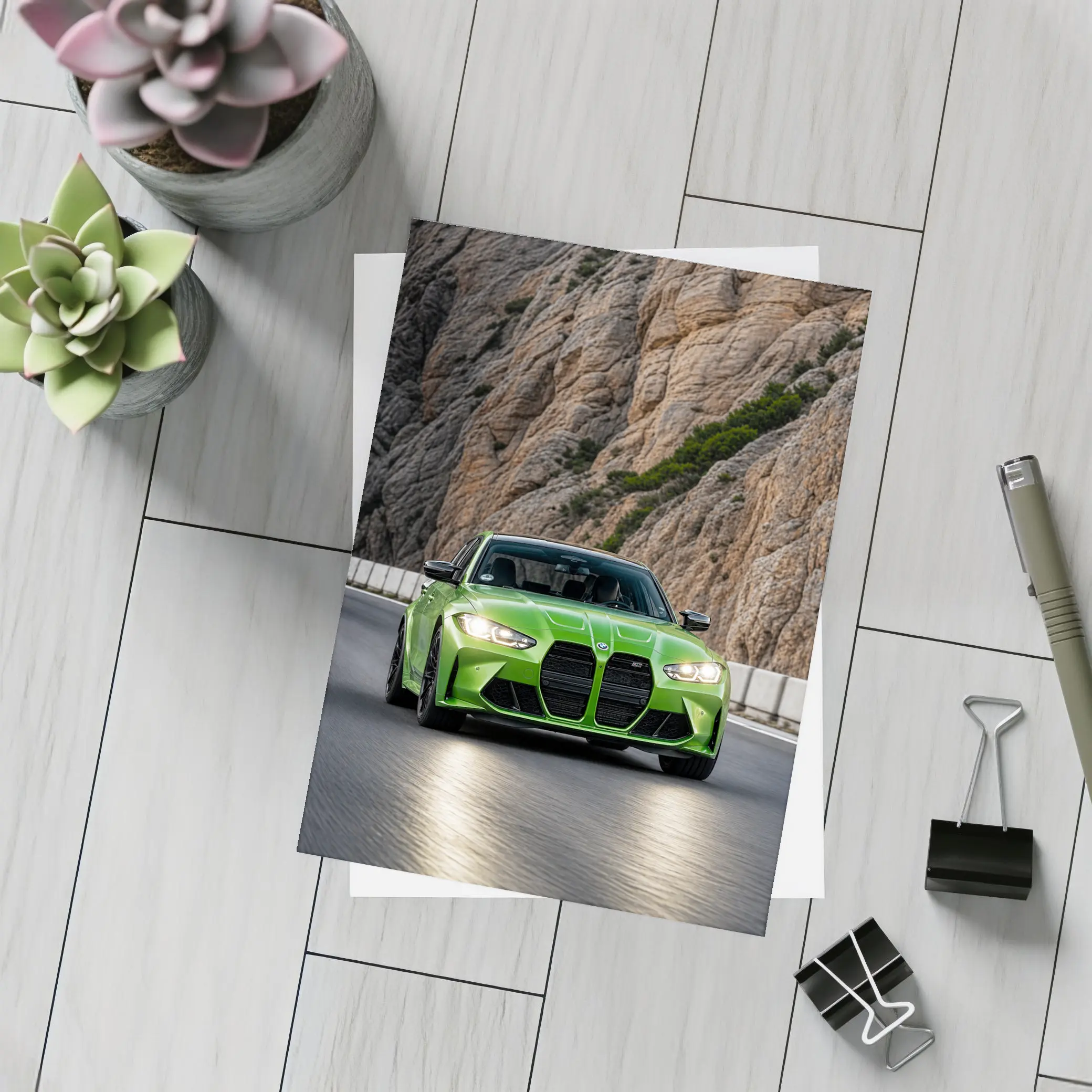 BMW M3 Green Sedan Rocky Mountain Road – Postcards