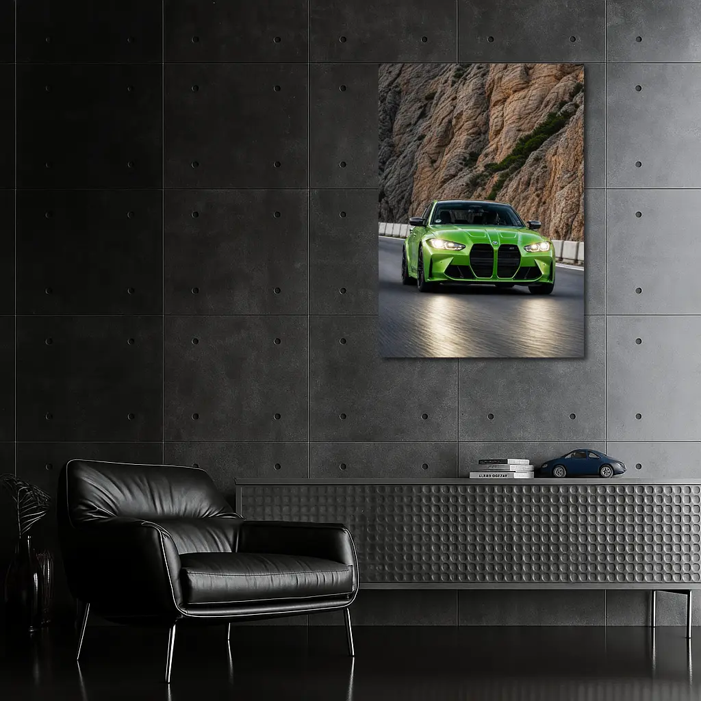 BMW M3 G80 Green Sedan on Rocky Mountain Road – Wall Art