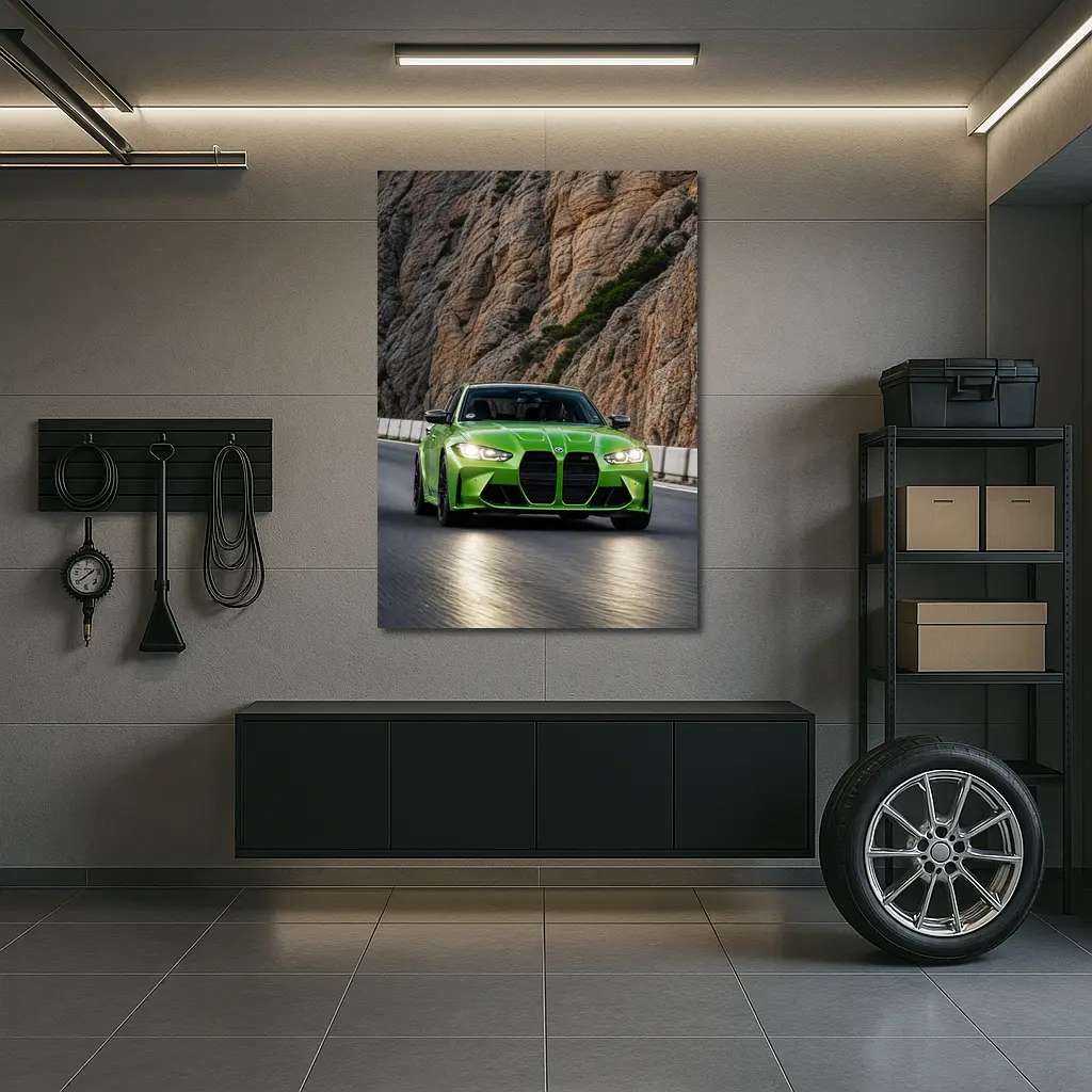 BMW M3 G80 Green Sedan on Rocky Mountain Road – Wall Art