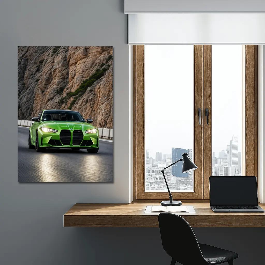 BMW M3 G80 Green Sedan on Rocky Mountain Road – Wall Art