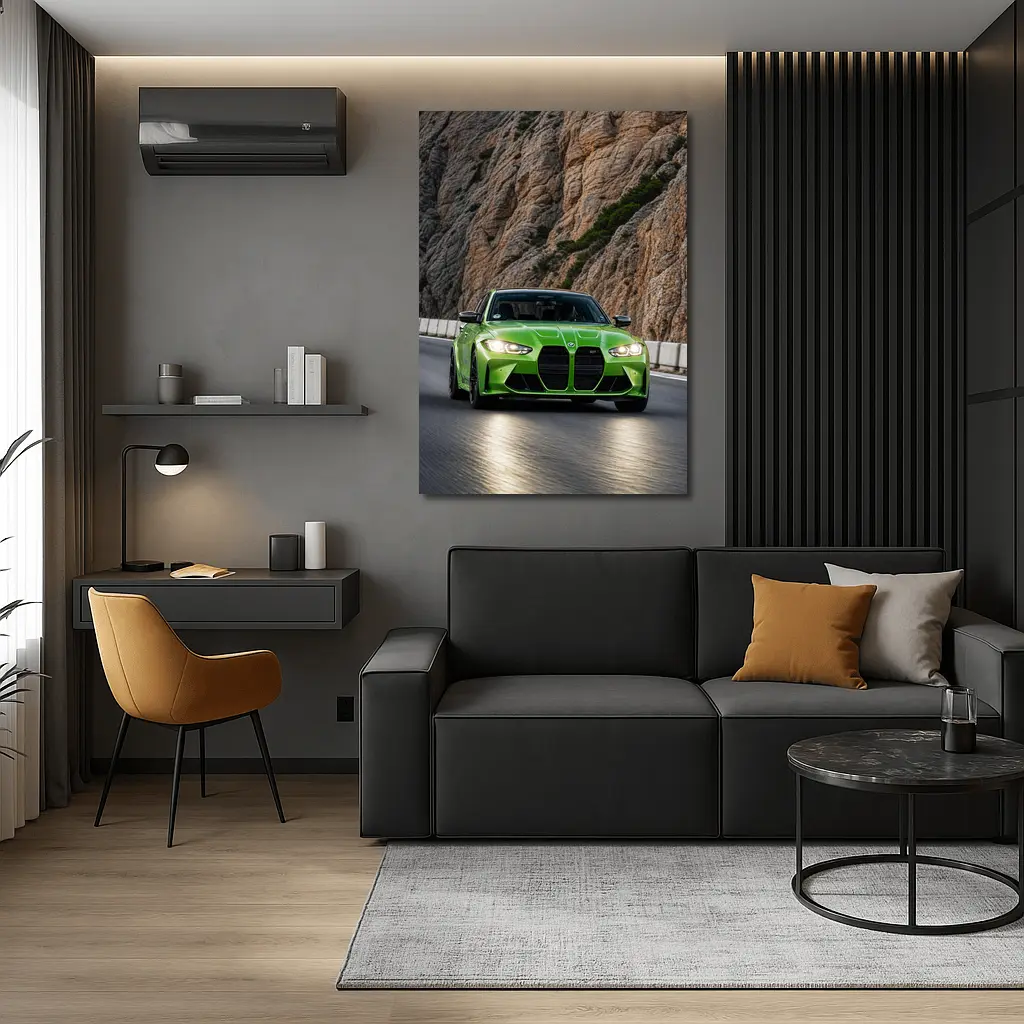BMW M3 G80 Green Sedan on Rocky Mountain Road – Wall Art