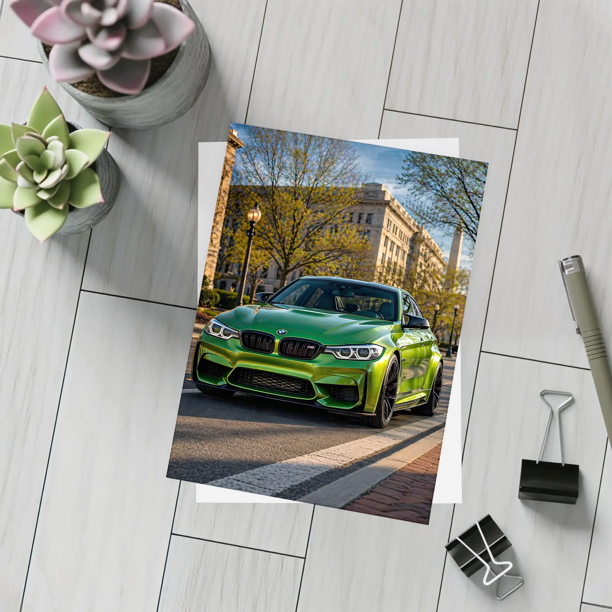 Green BMW M3 Urban Street Scene – Postcards