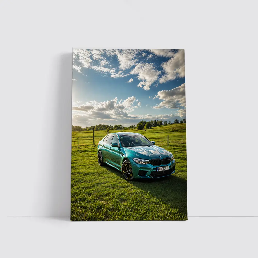 BMW M5 Teal Sedan Green Field Sky – Wall Art