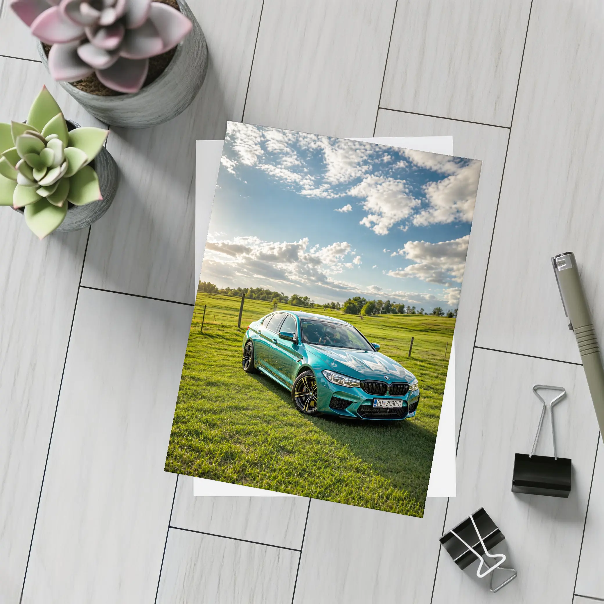 BMW M5 Teal Sedan Green Field Sky – Postcards