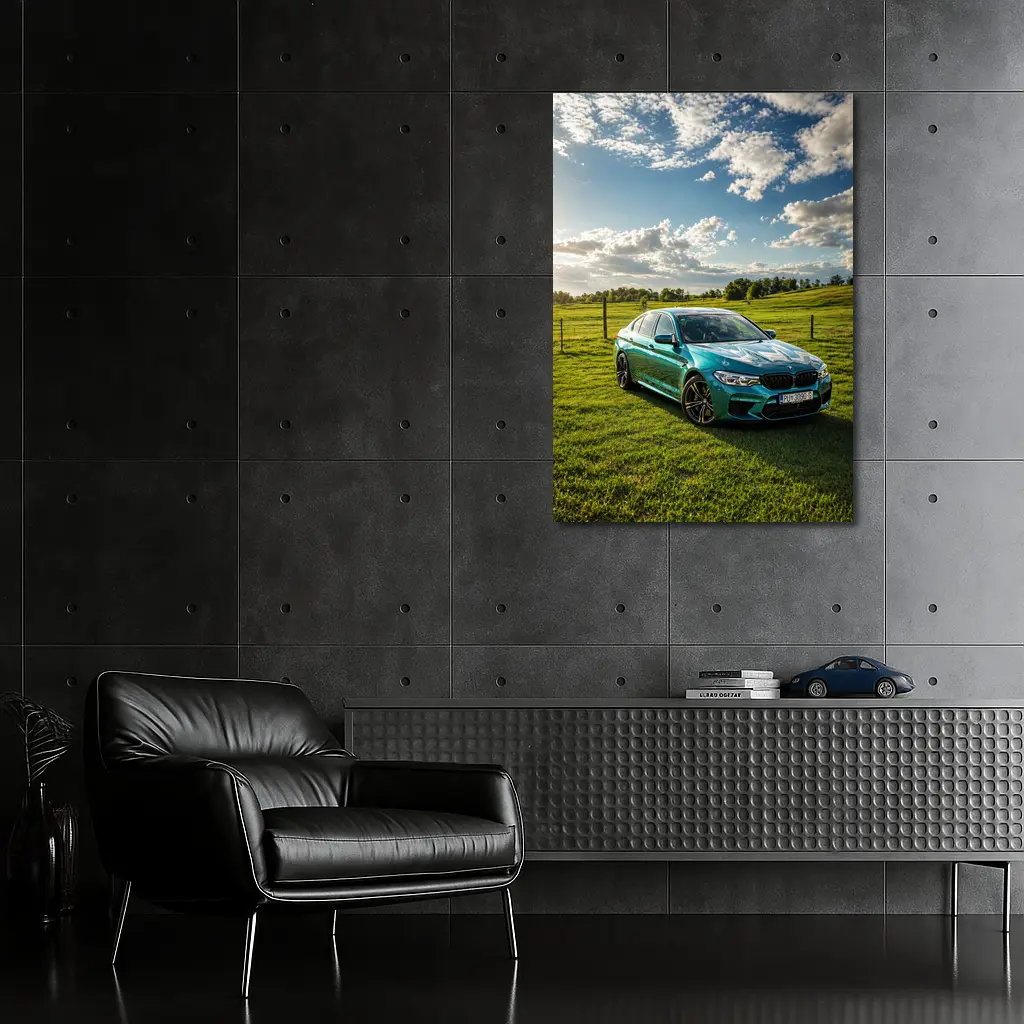 BMW M5 Teal Sedan Green Field Sky – Wall Art