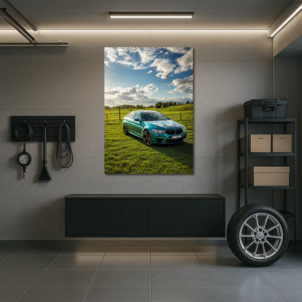 BMW M5 Teal Sedan Green Field Sky – Wall Art