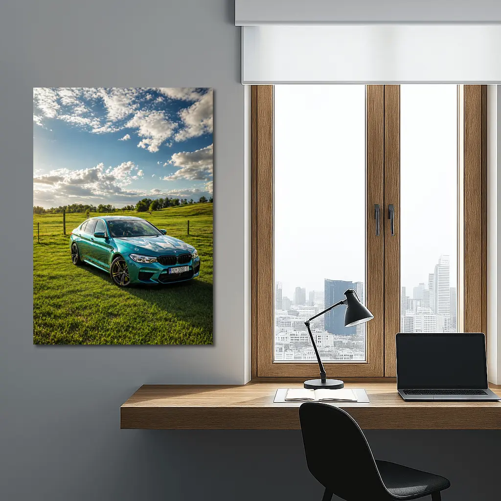 BMW M5 Teal Sedan Green Field Sky – Wall Art
