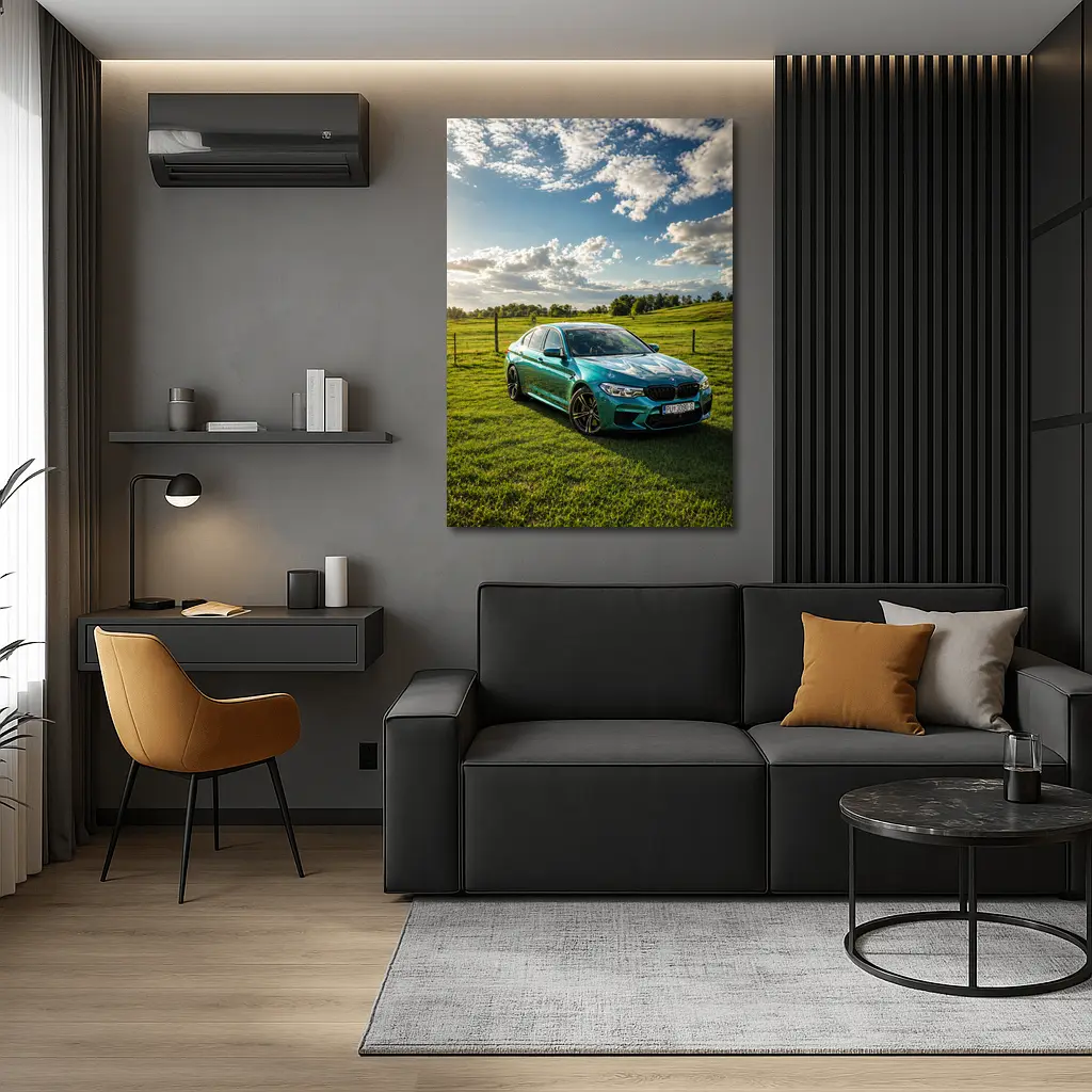 BMW M5 Teal Sedan Green Field Sky – Wall Art