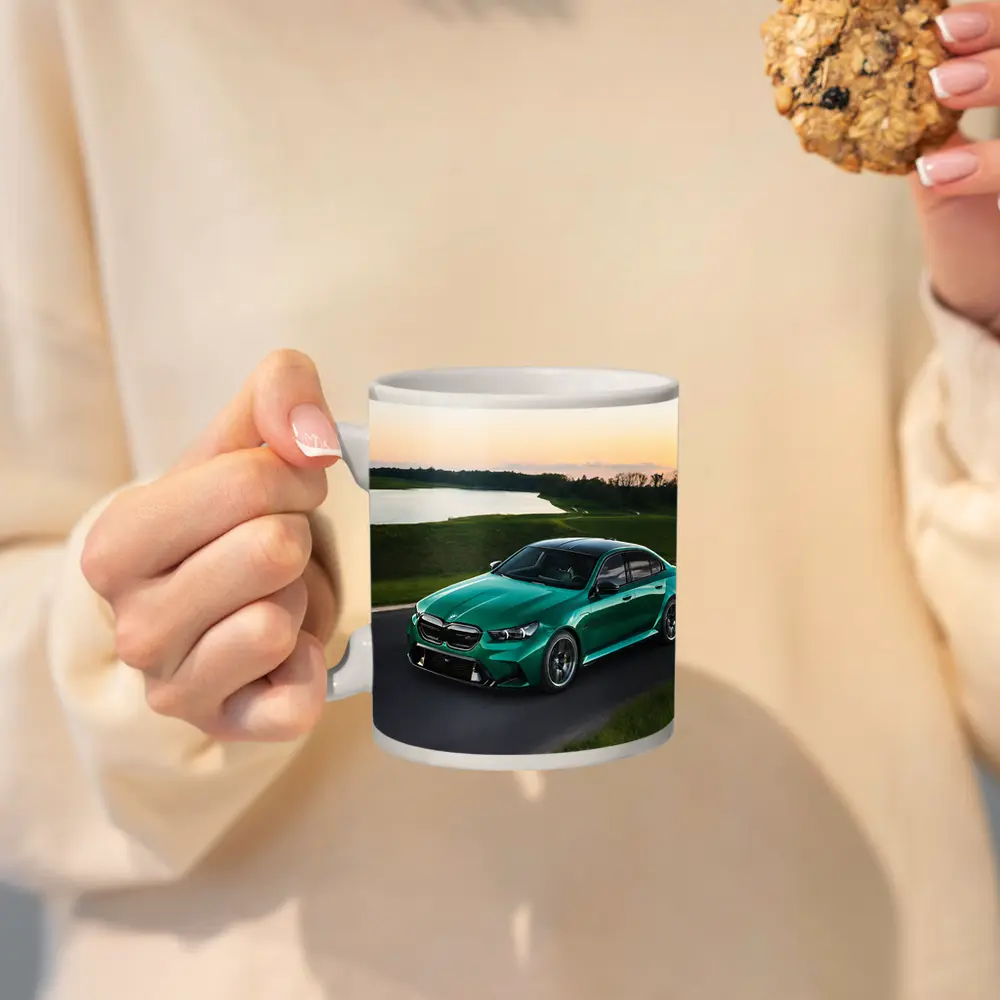 BMW M5 Green Sedan On Open Road – Mugs