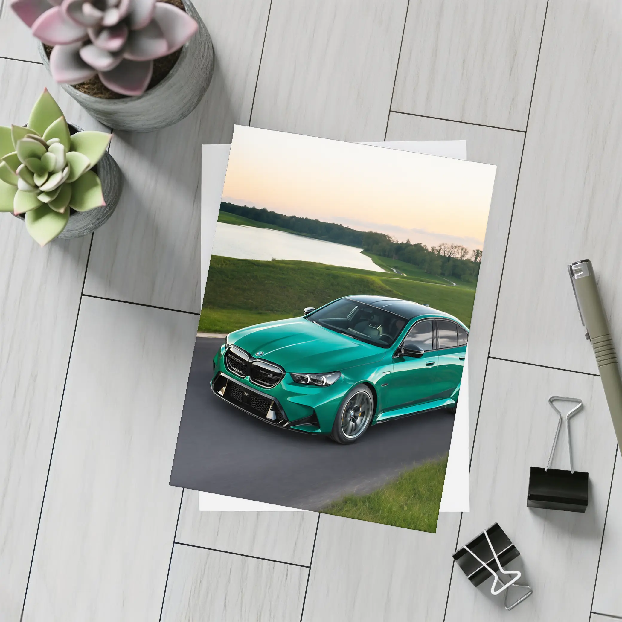 BMW M5 Green Sedan On Open Road – Postcards