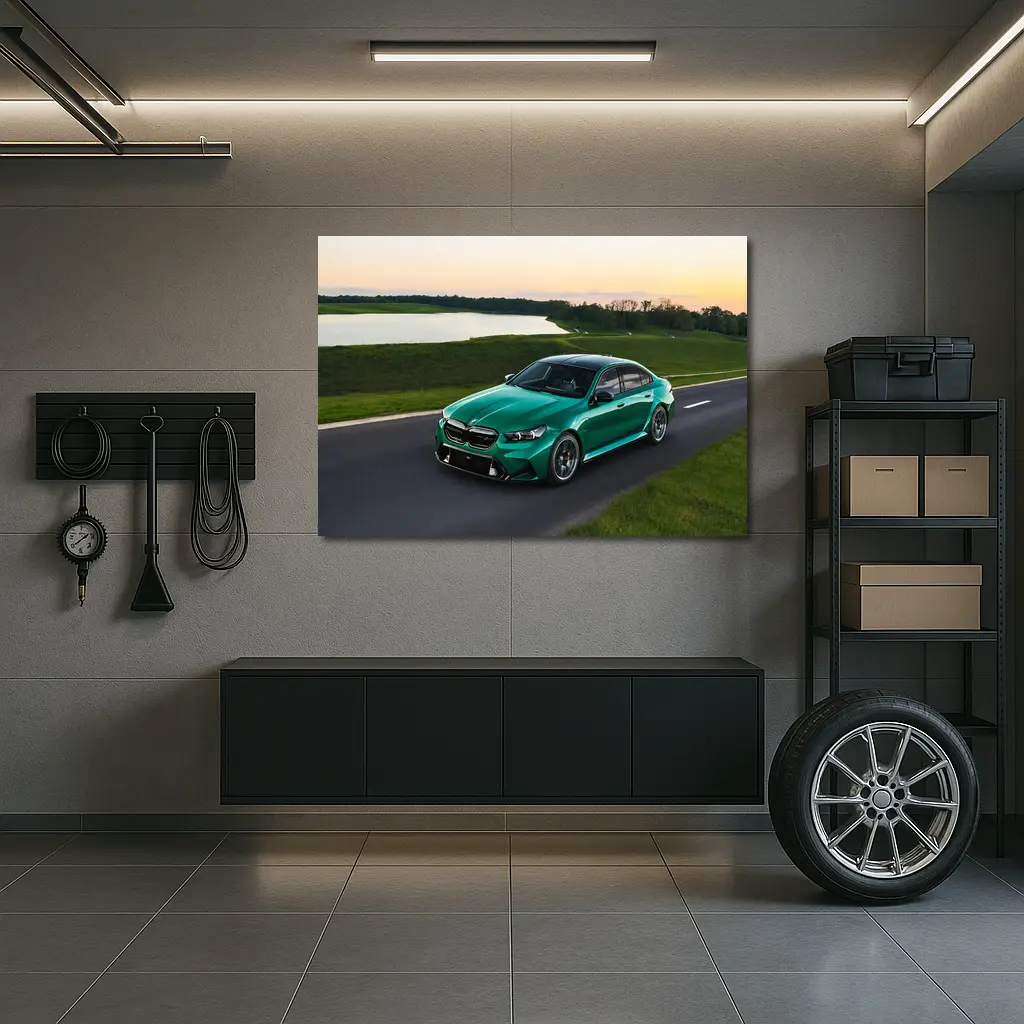 BMW M5 Green Sedan On Open Road – Wall Art