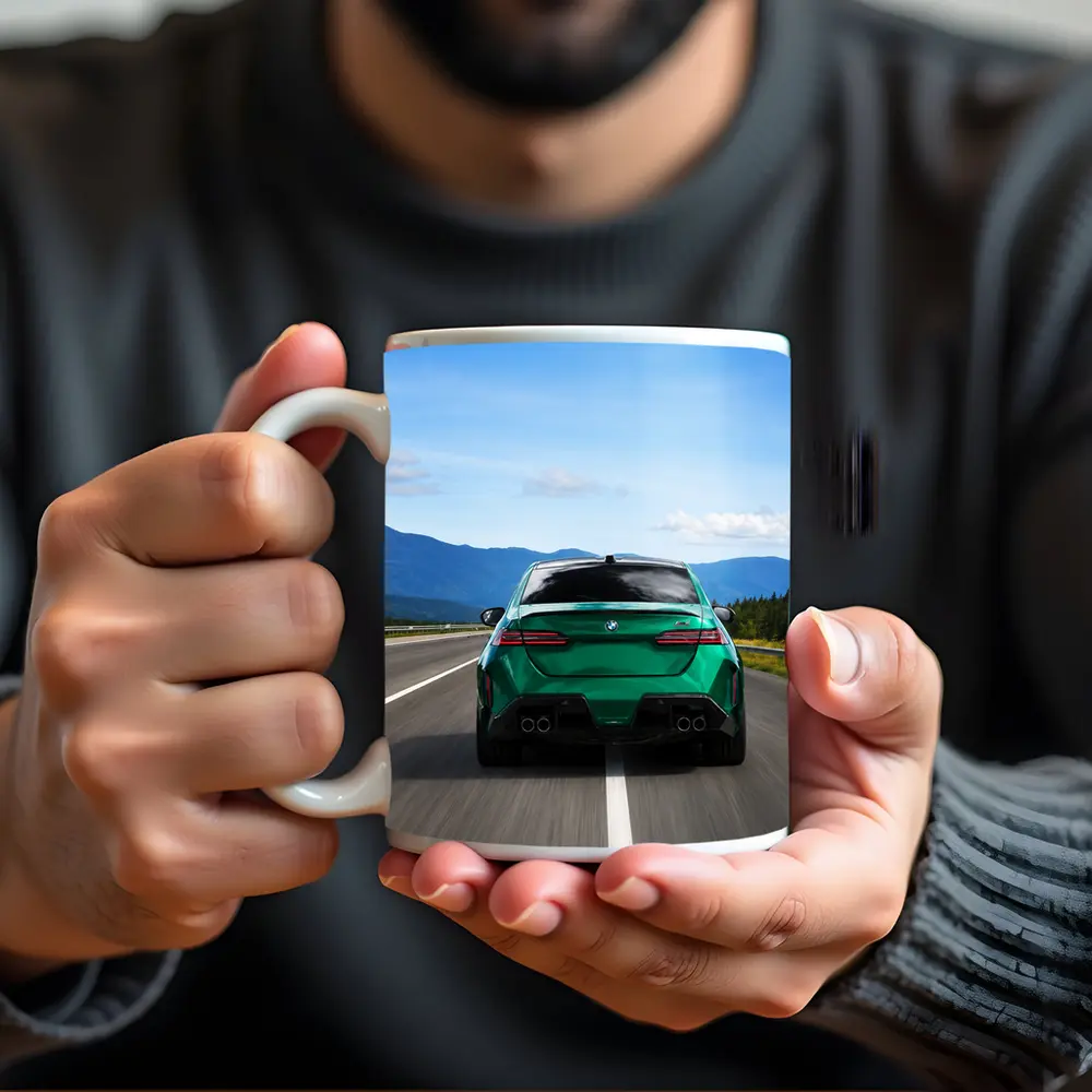 Green BMW M5 Sedan Speeding On Highway – Mugs