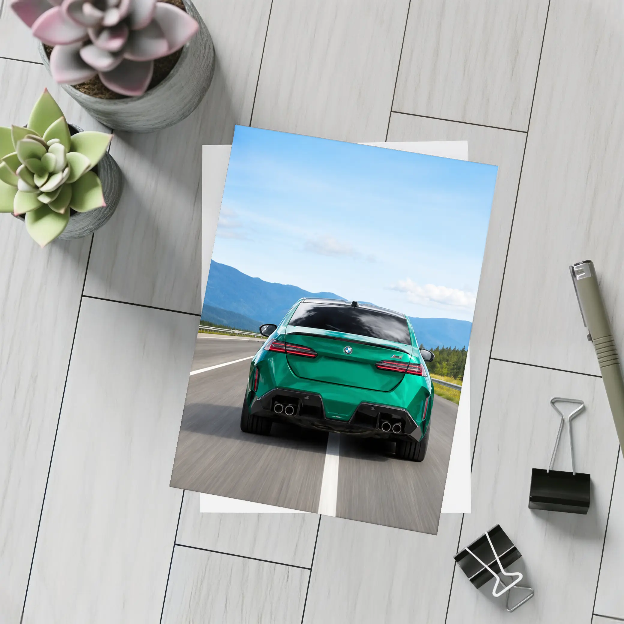 Green BMW M5 Sedan Speeding On Highway – Postcards