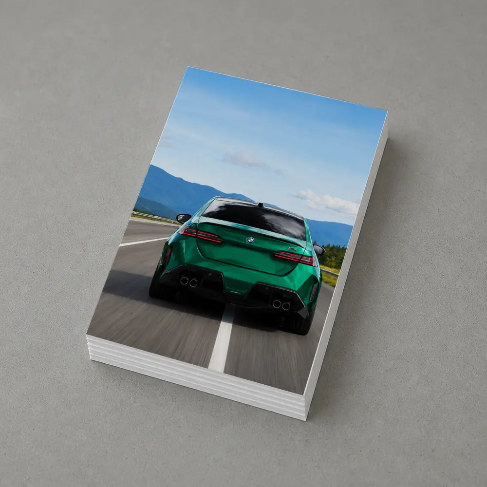 Green BMW M5 Sedan Speeding On Highway – Postcards