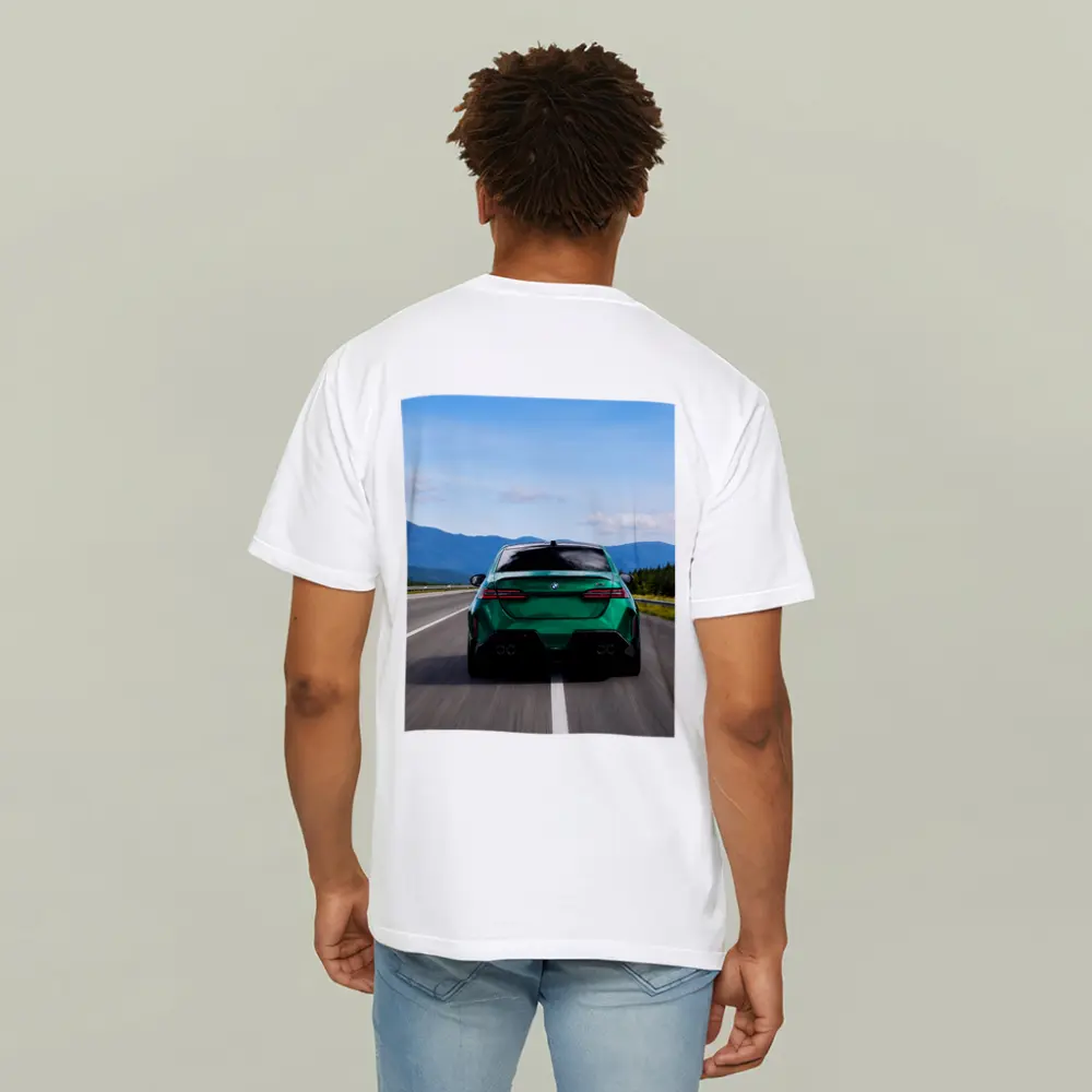 Green BMW M5 Sedan Speeding On Highway – T-Shirts