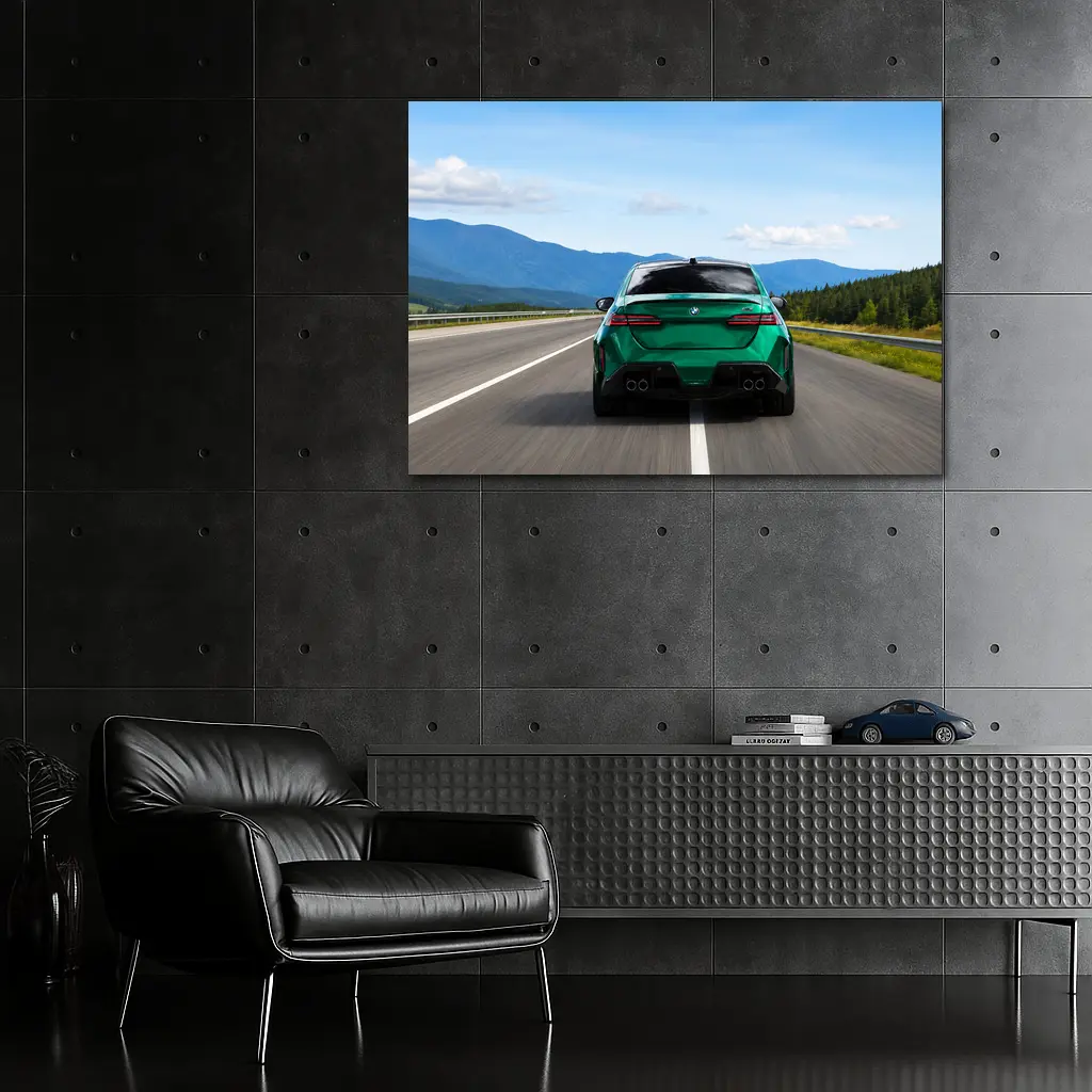 Green BMW M5 Sedan Speeding On Highway – Wall Art