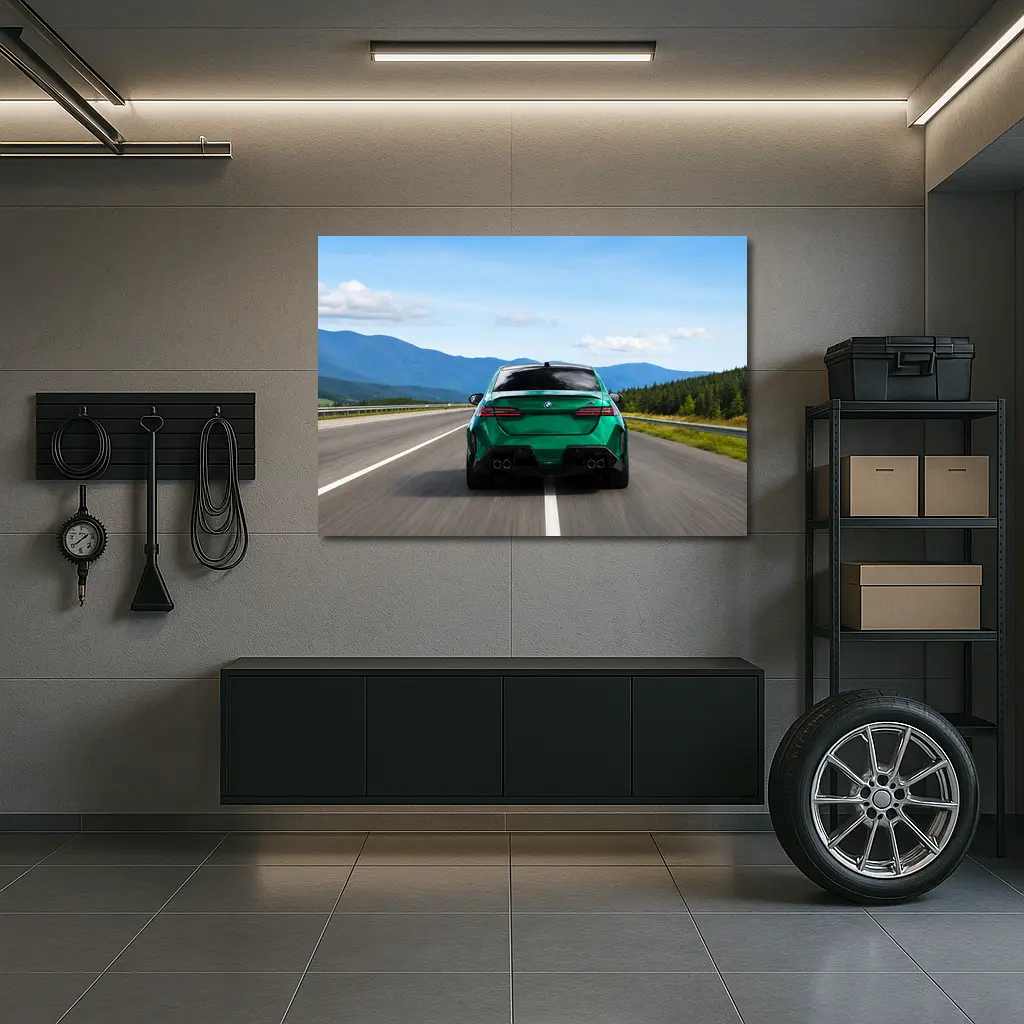Green BMW M5 Sedan Speeding On Highway – Wall Art