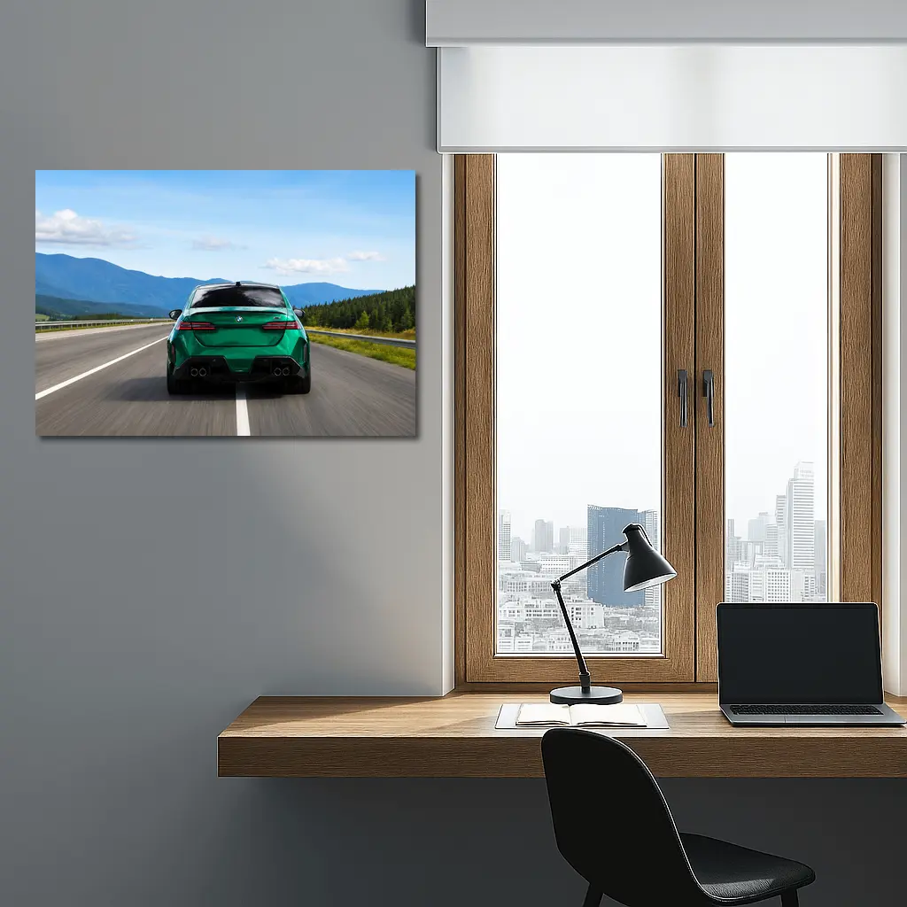 Green BMW M5 Sedan Speeding On Highway – Wall Art