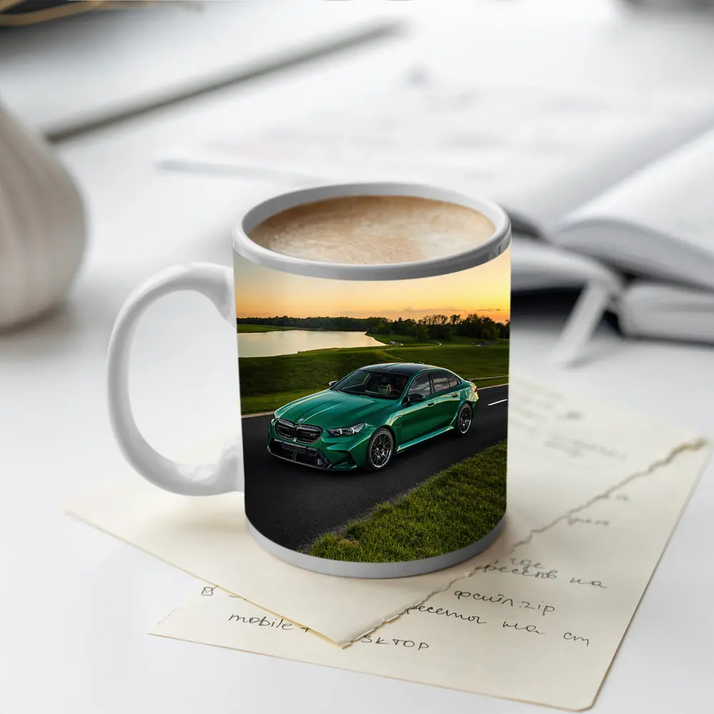 BMW M5 Green Sedan Sunset Road – Mugs