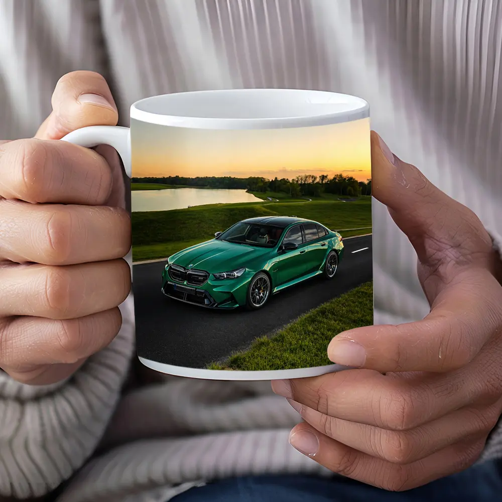BMW M5 Green Sedan Sunset Road – Mugs