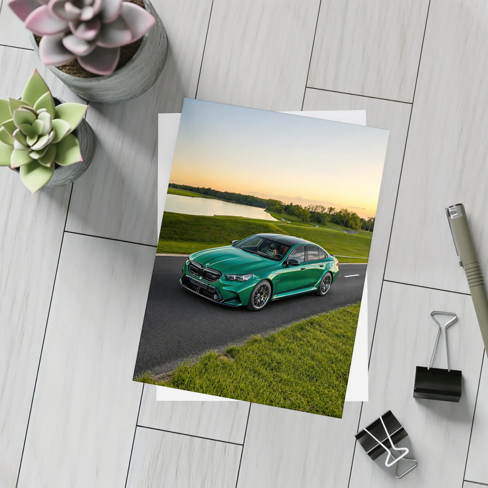 BMW M5 Green Sedan Sunset Road – Postcards