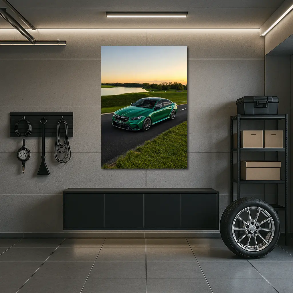BMW M5 Green Sedan Sunset Road – Wall Art