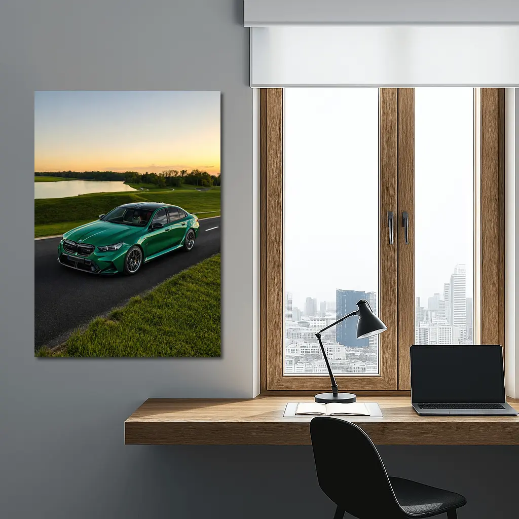 BMW M5 Green Sedan Sunset Road – Wall Art