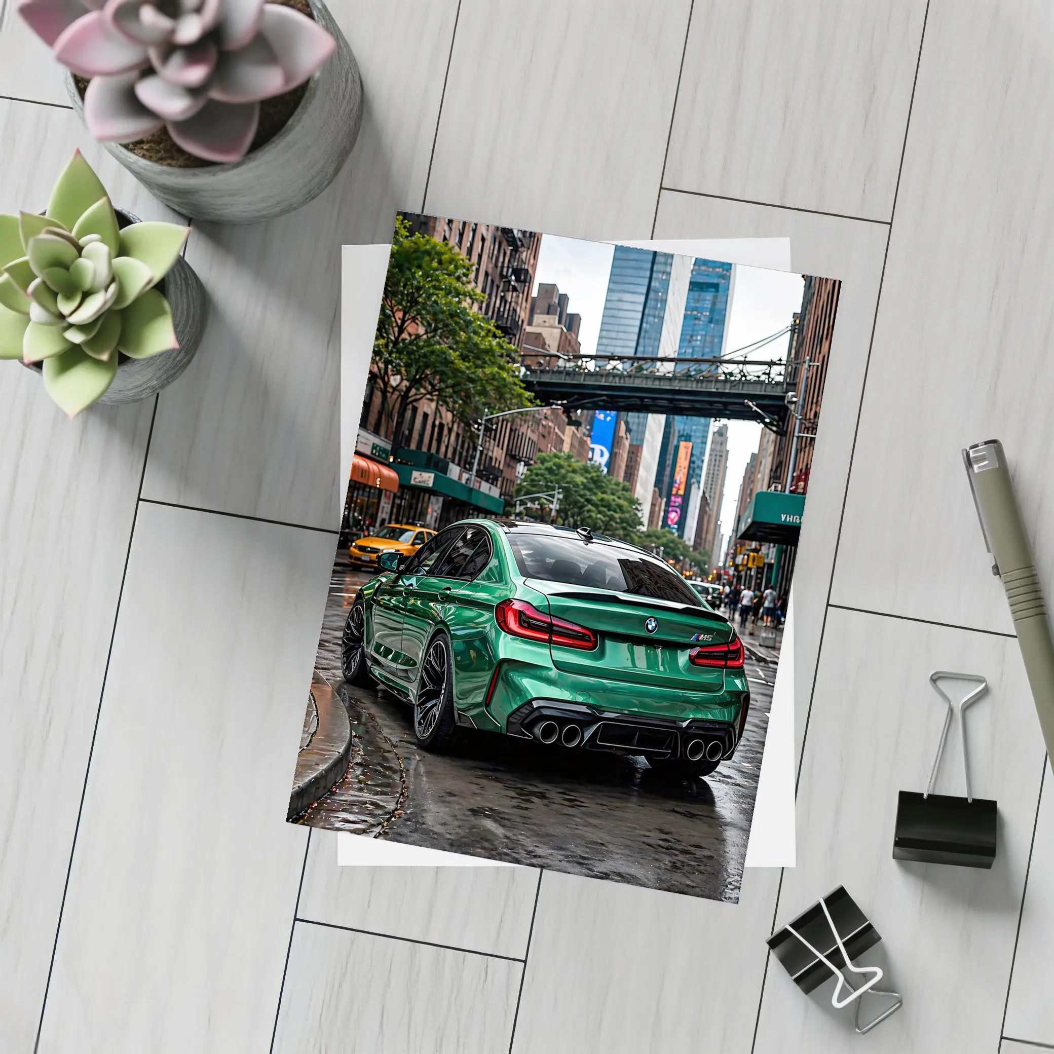 BMW M5 Green Rear New York Street – Postcards
