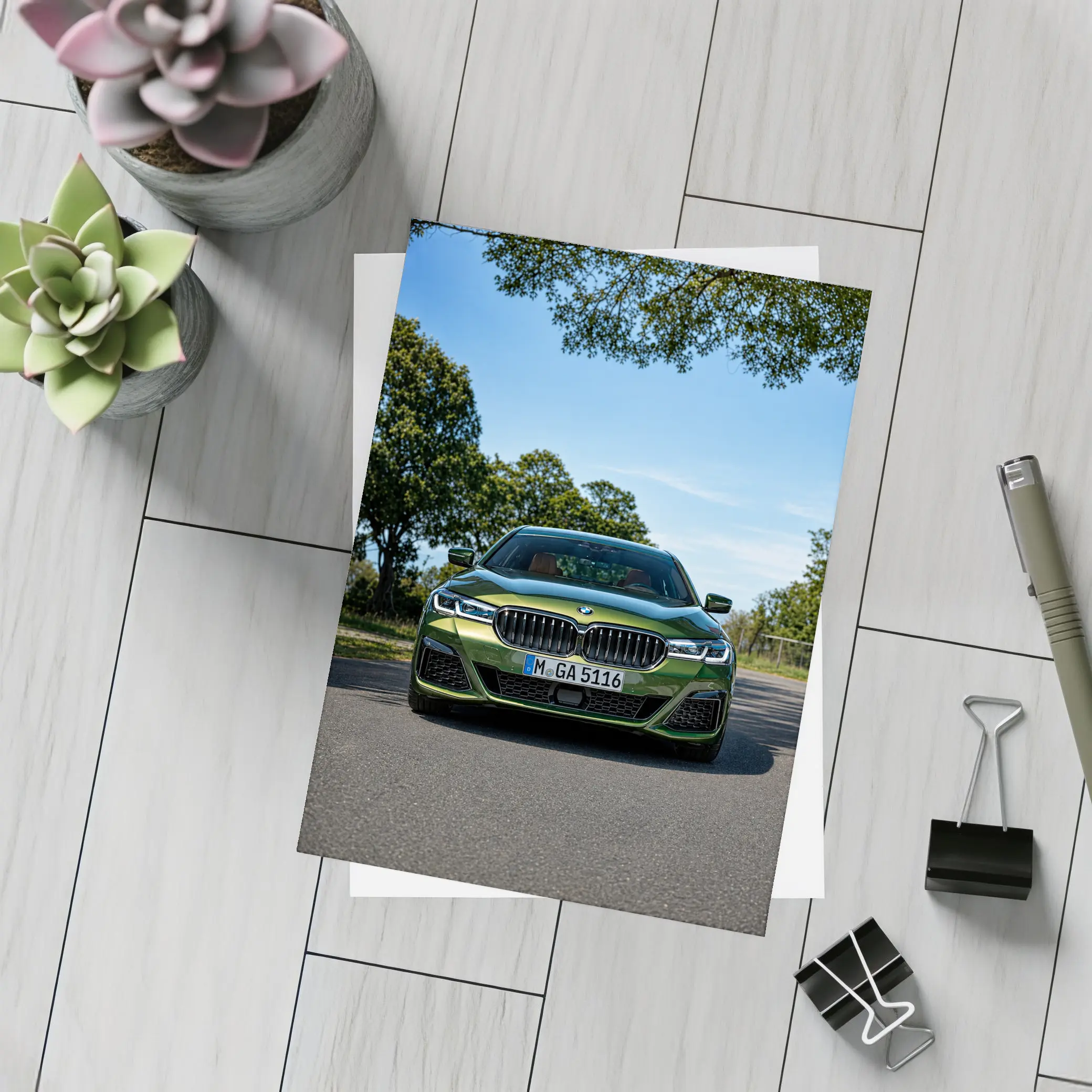 BMW 5 Series Green Front View Road – Postcards