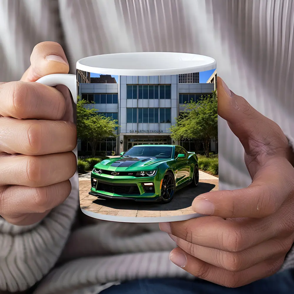 Green Chevrolet Camaro Downtown City Street – Mugs