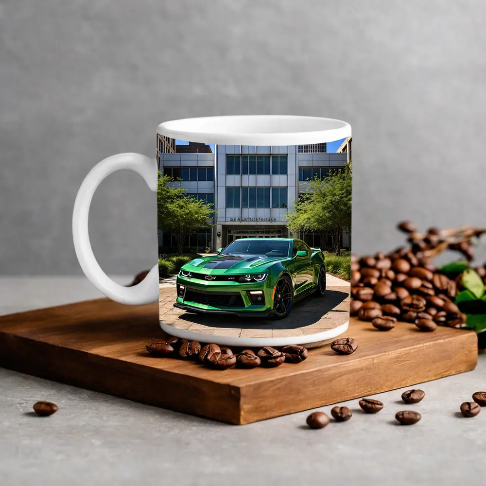 Green Chevrolet Camaro Downtown City Street – Mugs