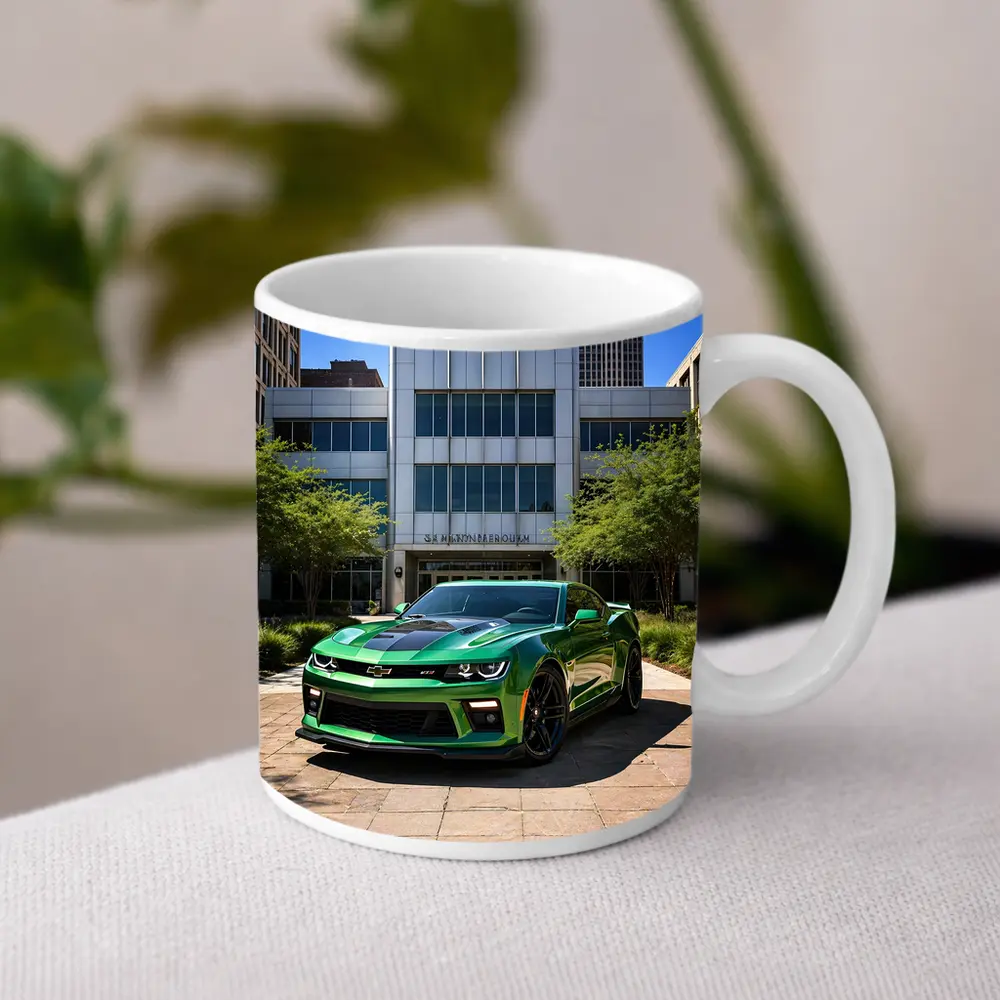 Green Chevrolet Camaro Downtown City Street – Mugs