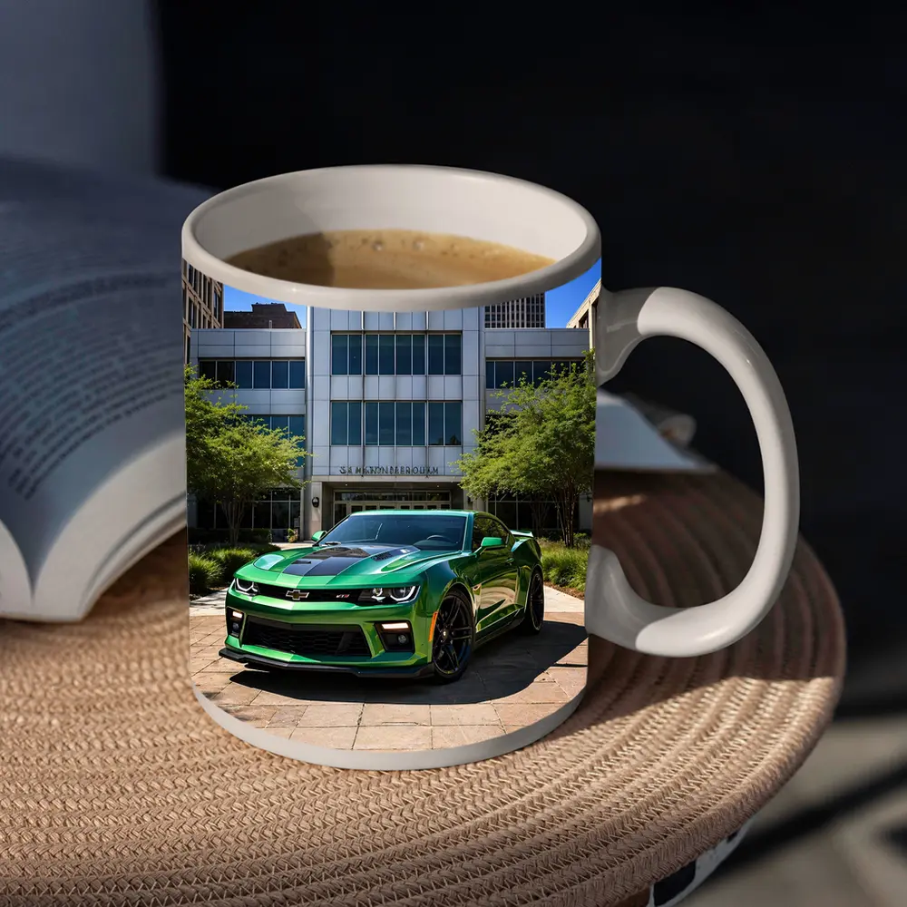 Green Chevrolet Camaro Downtown City Street – Mugs
