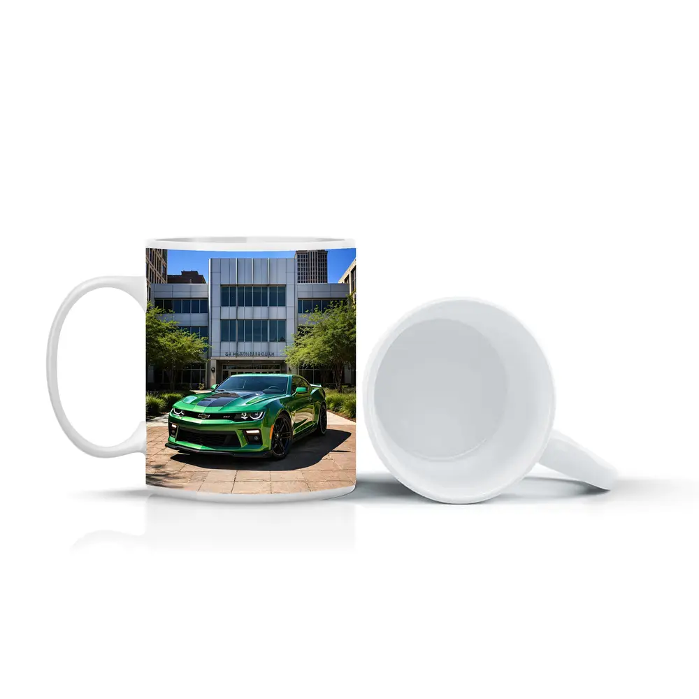 Green Chevrolet Camaro Downtown City Street – Mugs