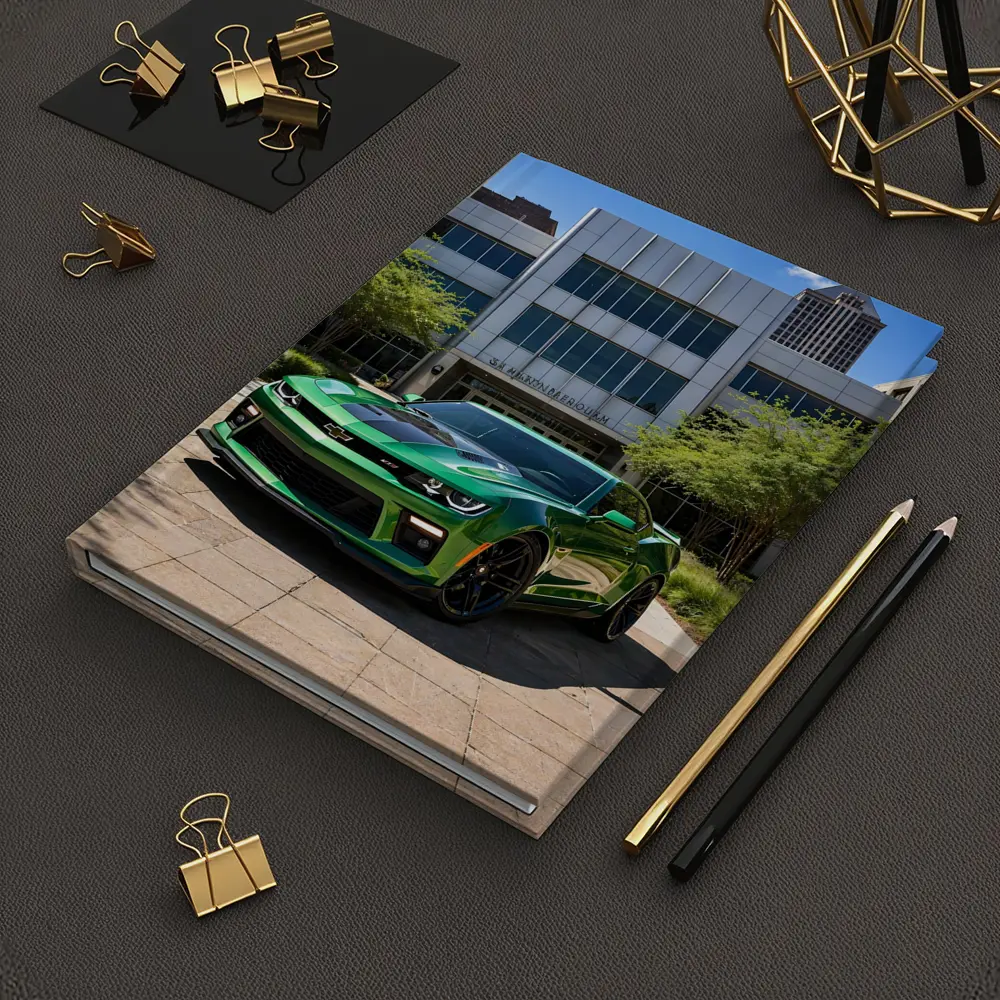 Green Chevrolet Camaro Downtown City Street – Notebooks