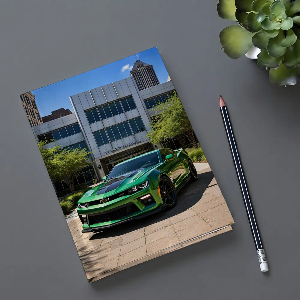 Green Chevrolet Camaro Downtown City Street – Notebooks
