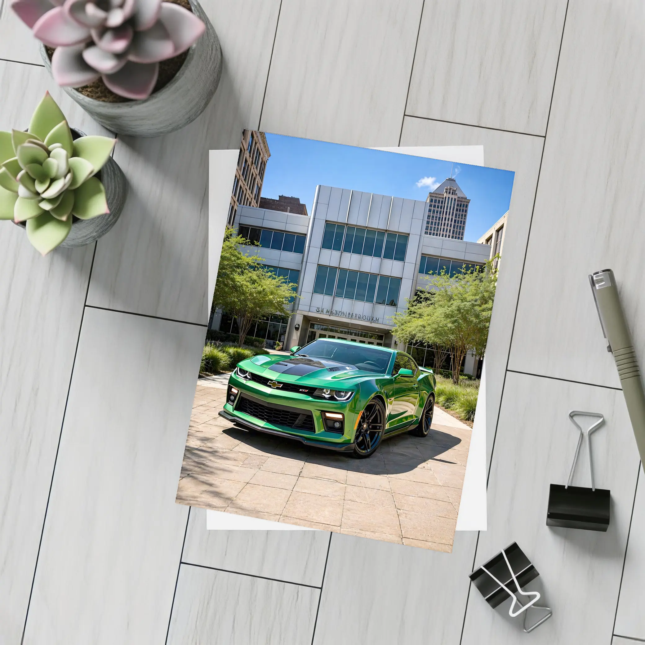 Green Chevrolet Camaro Downtown City Street – Postcards