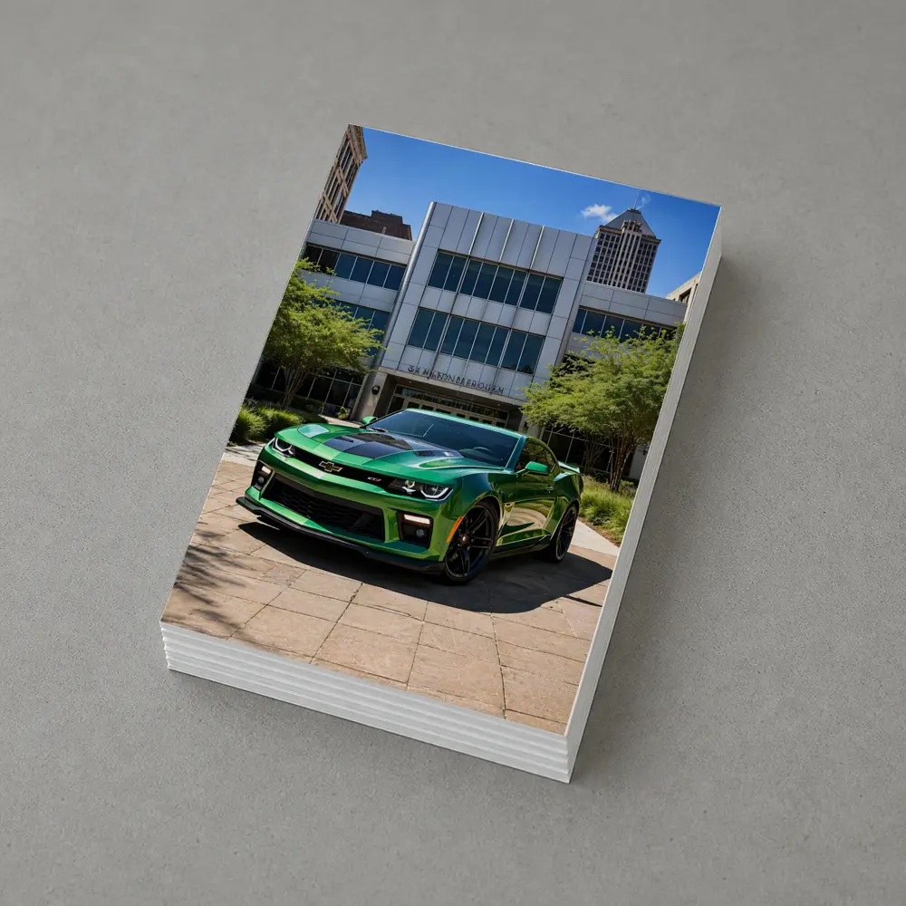 Green Chevrolet Camaro Downtown City Street – Postcards