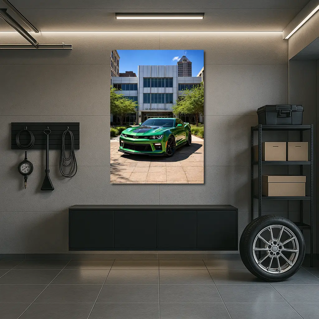 Green Chevrolet Camaro Downtown City Street – Wall Art