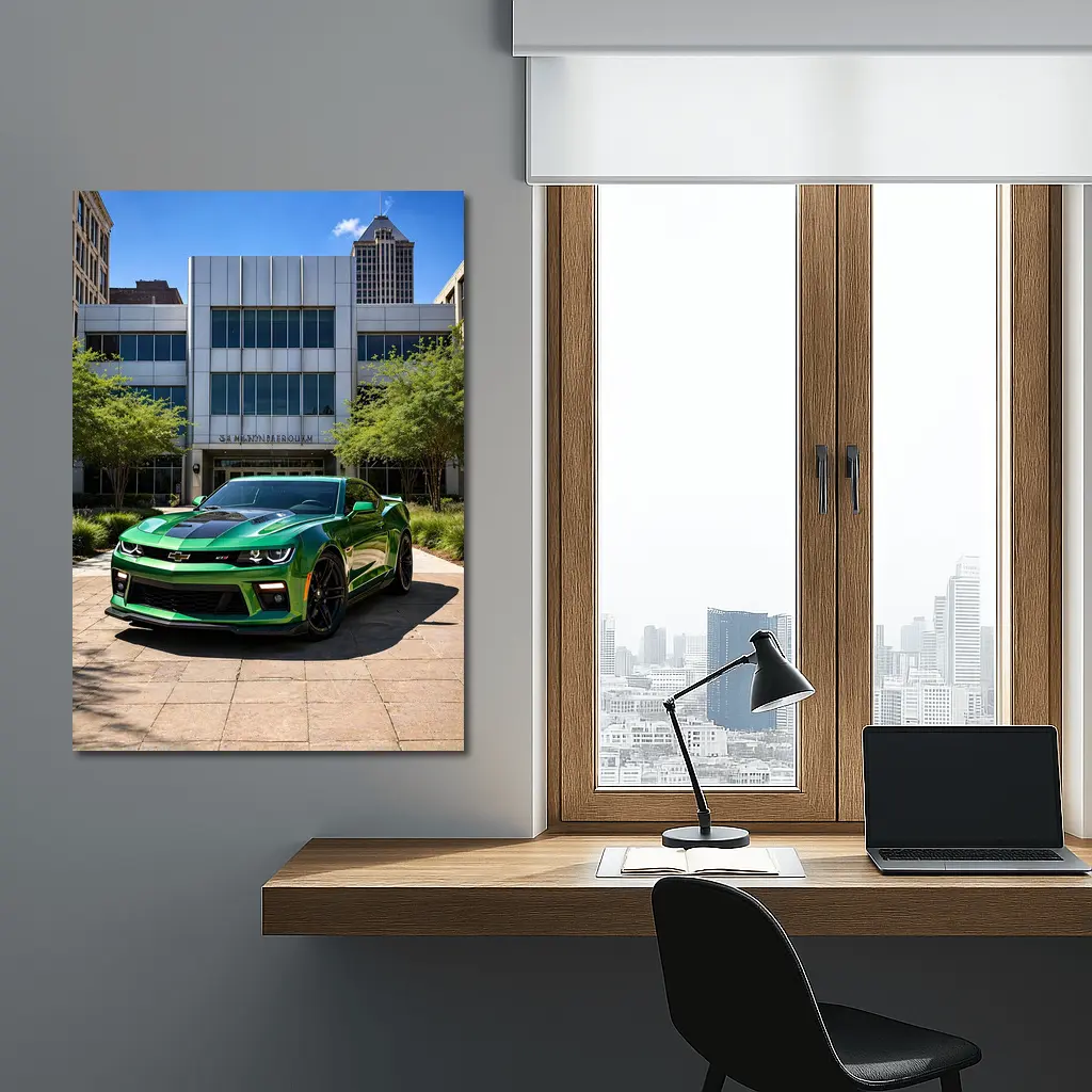 Green Chevrolet Camaro Downtown City Street – Wall Art
